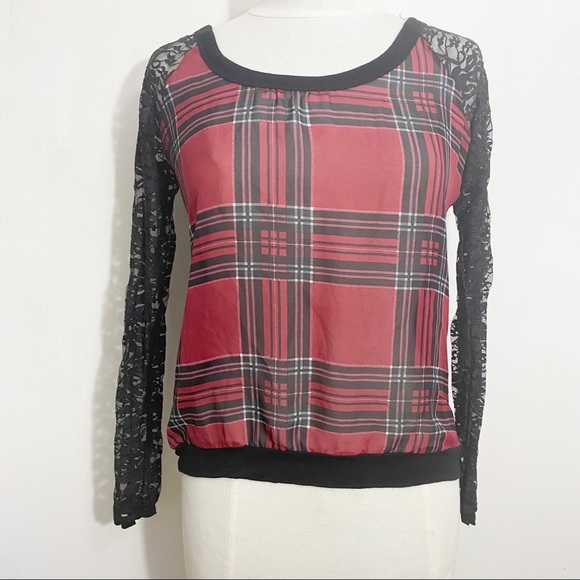 Rue21 Tops - 4/$25. RUE21 plaid chiffon semi sheer front lace sleeve solid back top. Medium.